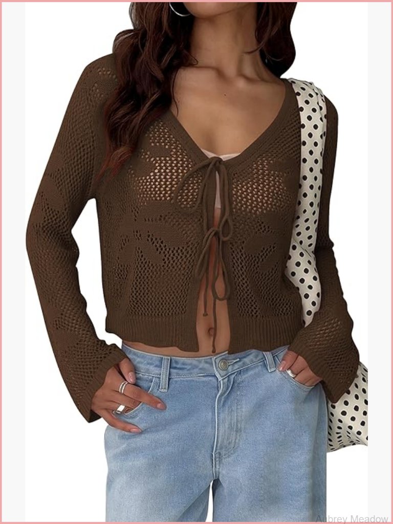 Tie Front Crochet Cardigan Crop Top Bell Sleeve Knit Shrug Beach Cover Up